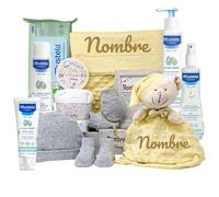 Mababyshop Canastilla Bebé Personalizada Velvet Deluxe, Cesta Regalo Recién Nacido con Dou Dou Bordado, Mini Pastel de Pañales, Cremitas de Bebé y Marco del Nombre (Amarillo)