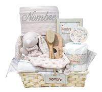 Mababyshop Canastilla Bebe Recien Nacido Personalizada Soft And Happy Unisex Manta Bordada Nombre Dou Dou Conejito Muselina Algodon Cepillo Peine Madera Pastel Pañales (Beige)