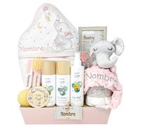 Mababyshop Canastilla de Bebé Personalizada Mi Capa de Baño Naay con Capa de Baño, Dou Dou, Set de Aseo Suave, Cepillo y Peine Personalizados (Rosa)