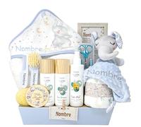 Mababyshop Canastilla de Bebé Personalizada Mi Capa de Baño Naay con Capa de Baño, Dou Dou, Set de Aseo Suave, Cepillo y Peine Personalizados (Azul)