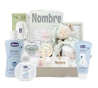 Mababyshop Canastilla Menta Deluxe, Manta Personalizada, Dou Dou, Muselina de Algodón, Chupete Grabado, Marco con Significado del Nombre y Set de Higiene, Regalo para Bebé Unisex