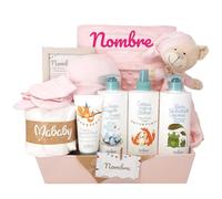 Mababyshop Canastilla Regalo Bebé Personalizada Bubble Aldem con Manta Bordada, Dou Dou, Set de Primera Puesta, Pastel de Pañales, Marco con Significado del Nombre y Set de Higiene para Bebé (Rosa)