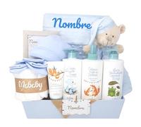 Mababyshop Canastilla Regalo Bebé Personalizada Bubble Aldem con Manta Bordada, Dou Dou, Set de Primera Puesta, Pastel de Pañales, Marco con Significado del Nombre y Set de Higiene para Bebé (Azul)