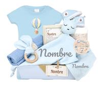 Mababyshop Canastilla “Sneakers” - Dou Dou Personalizado, Babero Bandana con Nombre, Mordedor de Madera, Ropita de Punto, Muselina Algodón, Pastel 6 Pañales y Marco Significado Nombre (Azul)