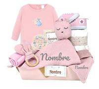 Mababyshop Canastilla “Sneakers” - Dou Dou Personalizado, Babero Bandana con Nombre, Mordedor de Madera, Ropita de Punto, Muselina Algodón, Pastel 6 Pañales y Marco Significado Nombre (Rosa)
