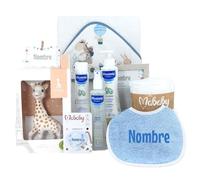 Mababyshop, Cesta Bebé Mi baño Clásico | Canastilla Personalizada Recién Nacido, con Sophie, Set de Cremas y Capa de Baño (Azul)