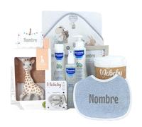 Mababyshop, Cesta Bebé Mi baño Clásico | Canastilla Personalizada Recién Nacido, con Sophie, Set de Cremas y Capa de Baño (Gris)