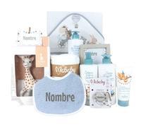 Mababyshop Cesta Bebé Mi Baño Suave, Canastilla Personalizada con Sophie, Capa de Baño, Babero, Chupete Personalizado y Set de Higiene para Bebé (Azul)