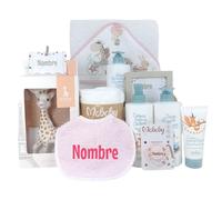 Mababyshop, Cesta Bebé Mi baño Suave | Canastilla Personalizada Recién Nacido, con Sophie, Set de Cremas y Capa de Baño (Rosa)