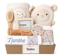 Mababyshop Cesta Bebé Personalizada Mi Ovejita, Regalo Recién Nacido con Manta Coralina, Peluche Ovejita, Cepillo y Peine Personalizados y Gasa Bordada (Azul)