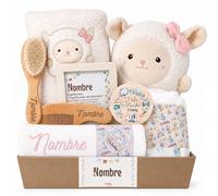 Mababyshop Cesta Bebé Personalizada Mi Ovejita, Regalo Recién Nacido con Manta Coralina, Peluche Ovejita, Cepillo y Peine Personalizados y Gasa Bordada (Rosa)