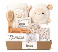 Mababyshop Cesta Bebé Personalizada Mi Ovejita, Regalo Recién Nacido con Manta Coralina, Peluche Ovejita, Cepillo y Peine Personalizados y Gasa Bordada (Bordados Gris)