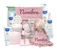 Mababyshop Cesta Bebé Personalizada Velvet Deluxe, Canastilla Bebé Recién Nacido con Dou Dou Bordado, Mini Pastel de Pañales, Cremitas de Bebé y Marco con Significado del Nombre (Maquillaje)