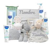 Mababyshop Cesta Bebé Personalizada Velvet Deluxe, Canastilla Bebé Recién Nacido con Dou Dou Bordado, Mini Pastel de Pañales, Cremitas de Bebé y Marco con Significado del Nombre (Gris)