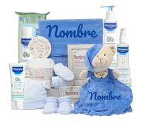 Mababyshop Cesta Bebé Personalizada Velvet Deluxe, Canastilla Bebé Recién Nacido con Dou Dou Bordado, Mini Pastel de Pañales, Cremitas de Bebé y Marco con Significado del Nombre (Añil)