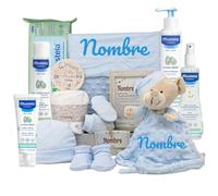 Mababyshop Cesta Bebé Personalizada Velvet Deluxe, Canastilla Bebé Recién Nacido con Dou Dou Bordado, Mini Pastel de Pañales, Cremitas de Bebé y Marco con Significado del Nombre (Azul)