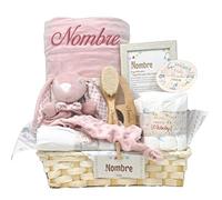 Mababyshop Cesta Bebe Recien Nacido Niña Personalizada Soft And Happy Manta Bordada Nombre Dou Dou Conejito Muselina Algodon Cepillo Peine Madera Pastel Pañales