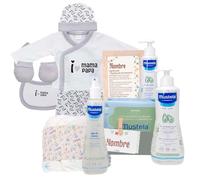 Mababyshop - Cesta Bebé Recién Nacido | Set Primera Puesta 5 Piezas Bambú y Algodón | Gel, Loción, Colonia Sin Alcohol | Toallitas Biodegradables | Marco Decorativo, Gris, Primera Puesta