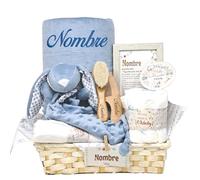 Mababyshop Cesta Regalo Bebe Niño Personalizada Soft And Happy Manta Bordada Nombre Dou Dou Conejito Muselina Algodon Cepillo Peine Madera Pastel Pañales