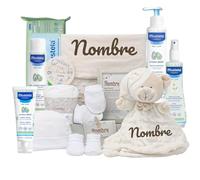 Mababyshop Cesta Regalo Bebé Personalizada Velvet Deluxe con Dou Dou Bordado, Mini Pastel de Pañales, Cremitas de Bebé y Marco con Significado del Nombre (Beige)