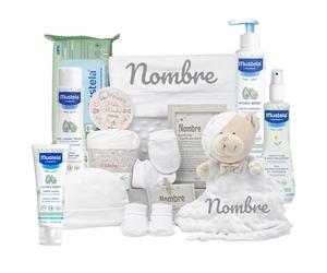 Mababyshop Cesta Regalo Bebé Personalizada Velvet Deluxe con Dou Dou Bordado, Mini Pastel de Pañales, Cremitas de Bebé y Marco con Significado del Nombre (Blanco)