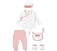 Mababyshop Dibujitos - Set Primera Puesta para Bebé Personalizado con 5 Piezas, Incluye Gorrito y Babero Bordados con el Nombre del Bebé - Regalo Ideal Recién Nacidos (Rosa)
