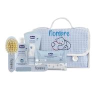 Mababyshop Mi Primer Neceser, Neceser Para Bebé Personalizado con Nombre, Set de Aseo con Gel, Hidratante, Toallitas, Cepillo y Peine Personalizado, Piqué de Algodón (Pique Azul)