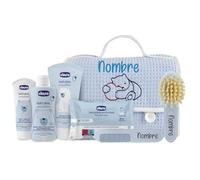 Mababyshop Mi Primera Canastilla Bebé Personalizada - Bolsa Piqué Bordada, Set Dermocosmética, Cepillo y Peine Grabados con el Nombre, Regalo Recién Nacido Baby Shower