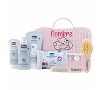 Mababyshop Mi Primera Canastilla Bebé Personalizada - Bolsa Piqué Bordada, Set Dermocosmética, Cepillo y Peine Grabados con el Nombre, Regalo Recién Nacido Baby Shower