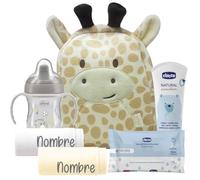Mababyshop Mi Primera Canastilla Bebé Personalizada - Mochilas y Cestas Regalo Recién Nacido con Nombre, Regalos Originales para Recien Nacidos, Set Dermocosmética Completo (Mochila Jirafa)