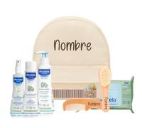 Mababyshop Mi Primera Canastilla - Mochila Rayas Personalizada con Nombre, Set Dermocosmética Premium y Cepillo Supersuave + Peine de Madera Grabados | Regalo Bebé Original (Mochila Rayas)
