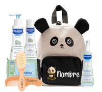 Mababyshop Mi Primera Canastilla para Bebé, Mochila Personalizada con Nombre, Set de Higiene, Cepillo Supersuave y Peine de Madera Grabados (Mochila Panda)