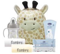 Mababyshop Mi Primera Mochila Jirafa para Bebé, Mochila Infantil, Regalo Original de Nacimiento con, Cremas y Set de Toallas de Mano de Guardería Personalizadas con Nombre Bordado