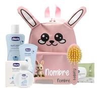 Mababyshop Mochila de Guardería con Set de Aseo para Bebé, Personalizable con Nombre, Bolsas Para Bebé Personalizadas Set Cepillo Y Peine Nombre Regalo Original (Conejo)