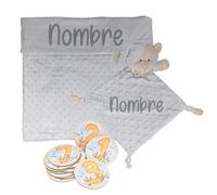 Mababyshop - Set Manta y Dou Dou Personalizado con Placas Cumplemes, Manta Polar Ultra Suave 80x100 cm, Dou Dou Osito Velvet, Placas Madera Decorativas, Gris Kids, Bebé, Poliéster
