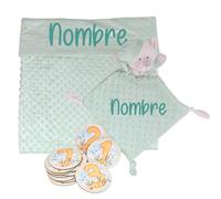 Mababyshop - Set Manta y Dou Dou Personalizado, Manta Polar Ultra Suave 80x100 cm, Placas Cumplemes de Madera, Bebé Recién Nacido, Verde Kids, Bebé, Poliéster