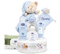 Mababyshop Tarta de Pañales Mi Dou Dou Velvet, Regalo Bebé Personalizado con Dou dou Bordado, Chupete Grabado, Cosmética Bebé y 42 Pañales T2 (Azul)