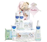Mababyshop Tarta de Pañales Mis Primeros Cuidados con Doudou Osito Personalizado con Nombre, 42 Pañales Pingo Talla 2, Set de Aseo Bebé, Regalo Recién Nacido (Rosa)