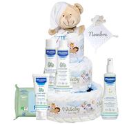 Mababyshop Tarta de Pañales para Bebé con Doudou Osito Personalizado con Nombre Bordado, 42 Pañales Pingo Talla 2, Set Aseo Bebé Mis Primeros Cuidados, Regalo Recién Nacido (Blanca)