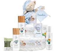 Mababyshop Tarta De Pañales Personalizada Lavender 3 Pisos 42 Pañales Talla 2 Con Doudou Osito Bordado Chupete Y Broche Con Nombre Set Cuidado Bebé Aroma Suave Toallitas Regalo Recién Nacido (Azul)