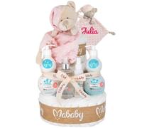 Mababyshop Tarta De Pañales Personalizada Lavender 3 Pisos 42 Pañales Talla 2 Con Doudou Osito Bordado Chupete Y Broche Con Nombre Set Cuidado Bebé Aroma Suave Toallitas Regalo Recién Nacido (Rosa)