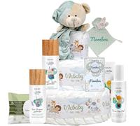 Mababyshop Tarta de Pañales Personalizada Lavender de 3 Pisos, 42 Pañales Talla 2, Doudou Osito Bordado, Chupete y Broche con Nombre, Set de Higiene y Toallitas, Regalo para Bebé Original(Verde)