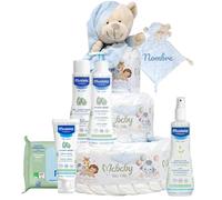 Mababyshop Tarta Pañales Personalizada Mis Primeros Cuidados con Doudou Osito Bordado con Nombre, 42 Pañales Pingo Talla 2, Set de Aseo Bebé, Regalo Baby Shower (Azul)