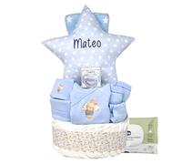 Mababyshop Tarta Stars, Pastel De Pañales Personalizado Con Nombre, Cojín Estrella Bordado Y Chupete Personalizado, Regalo Para Bebé Recién Nacido (Azul)