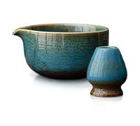 Mabecol Kit Té Completo 2 Piezas, Set Matcha con Cuenco de Cerámica con Pico 510ml y Soporte, Kit de Matcha Japonés para Latte, Ceremonia y Regalo Azul