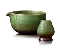 Mabecol Kit Té Completo 2 Piezas, Set Matcha con Cuenco de Cerámica con Pico 510ml y Soporte, Kit de Matcha Japonés para Latte, Ceremonia y Regalo Verde