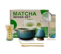 Mabecol Kit Té Matcha Completo 8 Piezas con Cuenco de Cerámica con Pico 510 ml, Batidor de Bambú, Cuchara, Tamiz y Soporte, Set Japonés para Matcha Latte, Ceremonia del Té, Azul