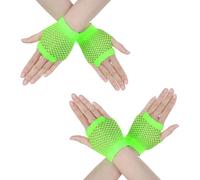 Mabor 2 pares de guantes verdes sin dedos, elásticos cortos de neón, guantes de red para fiestas, color verde neón, accesorios para cosplay y disfraz de mujer, accesorios para disfraz de los años 80 y