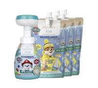 MABYEN PAW Patrol Kids Set de jabón en espuma (amarillo), cosmética natural, jabón de espuma de manos para niños + relleno, 1 jabón espumoso Chase (180 ml) + 3 recambios de la Patrulla Canina (250 ml