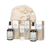 MABYEN Set de bienestar para bebé, cosmética natural, sin azúcar, sin alcohol, vegano, cuidado del bebé, set de regalo, 3 productos + bolsa de tela, 1 gel para dentición, 1 goteo para el vientre, 1